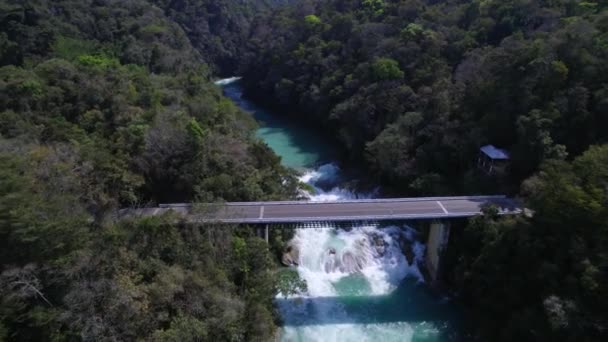 Retrocediendo Desde Arriba Mágico Río Turquesa Selva Chiapas México Puente — Vídeo de stock