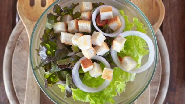 Overhead Shot Bacon Being Added Fresh Salad — Stock Video