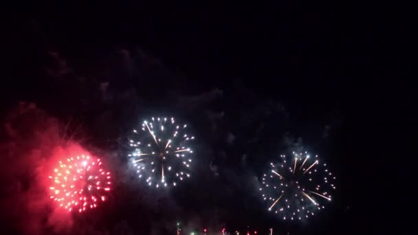 Artificii Roșii Albe Albastre Explodează Cer — Videoclip de stoc