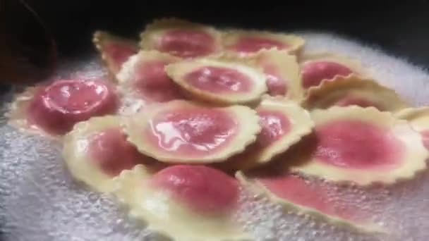 Stirring Colourful Fiorelli Beetroot Goat Cheese Pasta Bubbling Hot Boiling — Stock Video