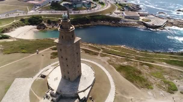 Légi Felé Történelmi Hercules Torony Corua Coastline Háttér Észak Spanyolországban — Stock videók