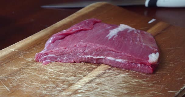 Chopping Raw Beef Steak Meat Carefully Skewers — Stock Video