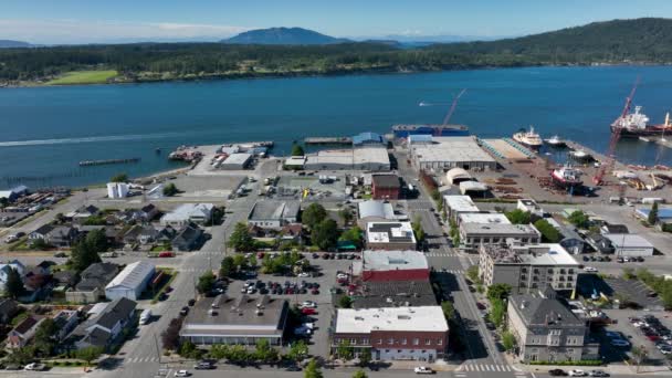 Vista Aérea Los Edificios Del Centro Anacortes Que Bordean Orilla — Vídeo de stock