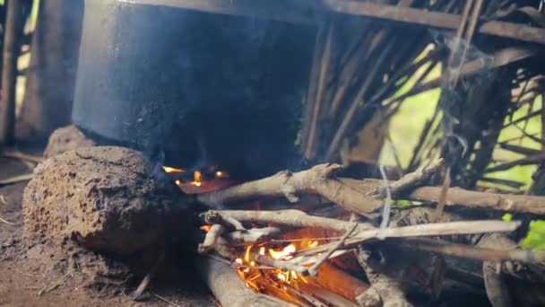 Закріпіть Низьку Кількість Посуду Над Багаттям Хаті Готуючи Їжу Індійському — стокове відео