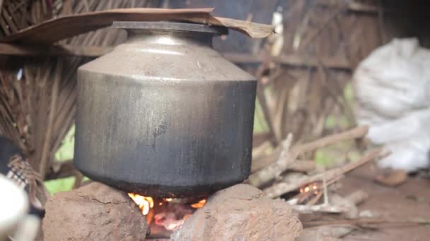 Wiet Boven Kampvuur Hut Koken Indiase Stijl Statisch — Stockvideo