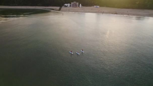 Aerial Άνθρωποι Κωπηλατούν Όρθιος Paddleboards Στη Βαλτική Θάλασσα Από Δημόσια — Αρχείο Βίντεο