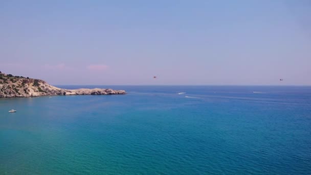 Panorama Calm Blue Sea Summer Tsambika Beach Rhodes Greece Aerial — Stock Video