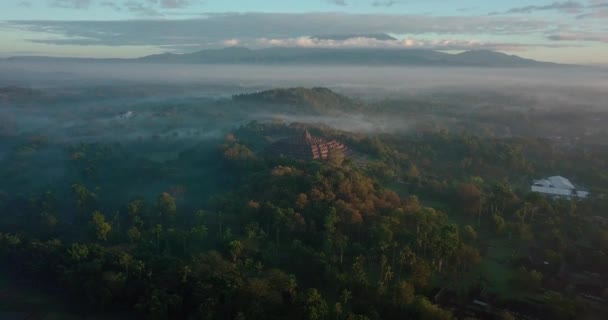 高密度の木々や山脈に囲まれた有名なボロブドゥール寺院の壮大なドローンショット インドネシア Magelang — ストック動画