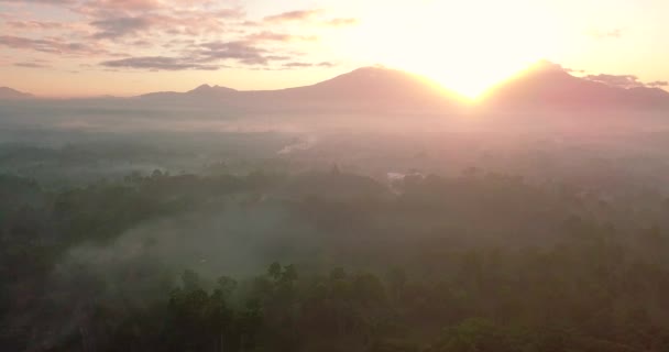 空気中の霧の中で密な熱帯雨林に囲まれた寺院の神秘的な空中ショット 朝の山の後ろの美しい日の出光 — ストック動画