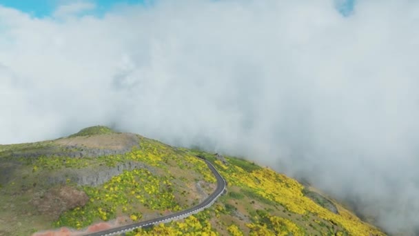 Nuvens Tocando Montanha Com Folhagem Outono Ilha Madeira Portugal Drone — Vídeo de Stock