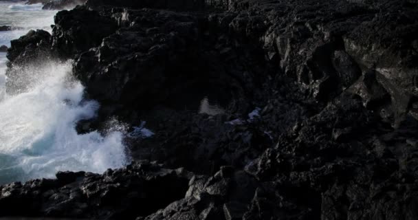 Welle Kracht Auf Dunkelschwarzen Basaltfelsen Der Küste Der Vulkaninsel — Stockvideo