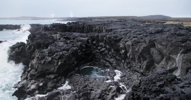 Rugged Basalt Shore Line Iceland White Foam Wave Splashing Ocean — Stock video