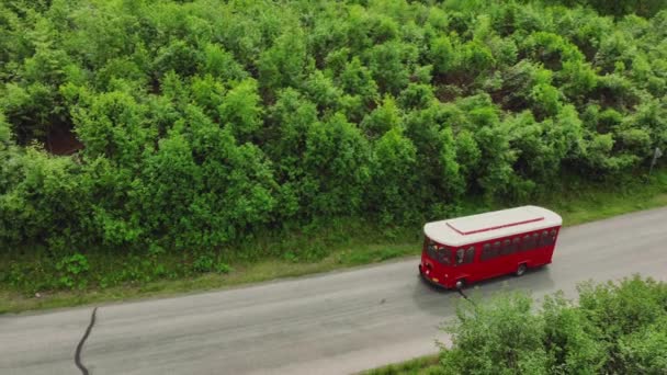 Red Trolley Driving Road Sightseeing Tour Anchorage Alaska Aerial — Stock Video
