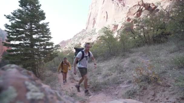 Twee Jonge Volwassenen Wandelen Door Nationaal Park Zion — Stockvideo