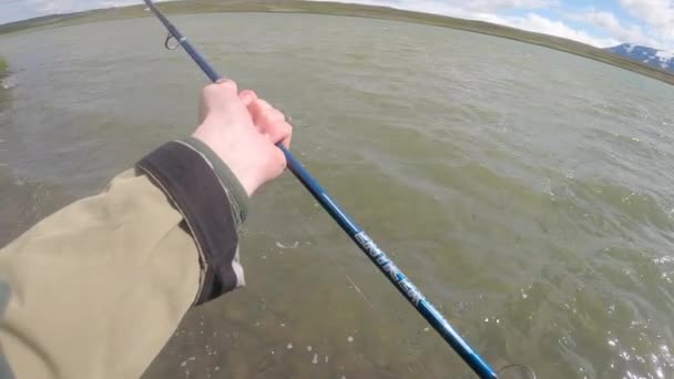 Fisherman Catching Fish River Using Fishing Reel Pov Slow Motion — Stock Video