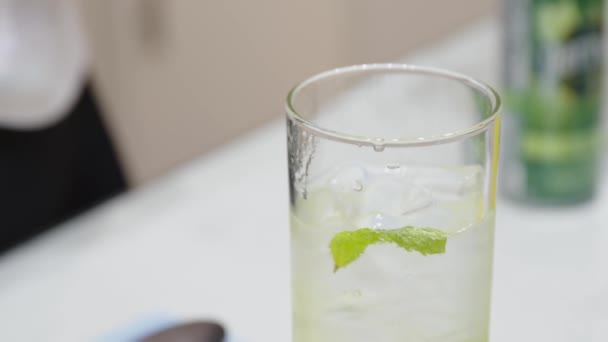 Gösterişli Bir Sanat Sergisinde Mojito Yapan Bir Kadın Bayan Bardağın — Stok video