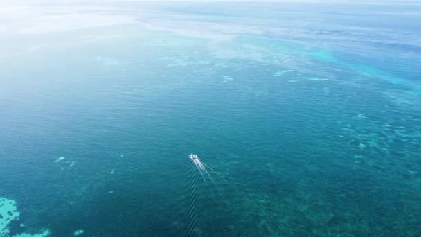 Моторная Лодка Outrigger Движущаяся Над Потрясающим Коралловым Рифом Бирюзовым Океаном — стоковое видео