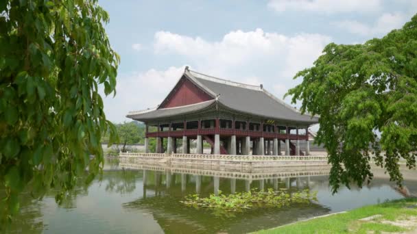 Salgueiros Seul Enquadrando Tranquilo Lago Pavilhão Gyeonghoeru Palácio Gyeongbokgung Seul — Vídeo de Stock