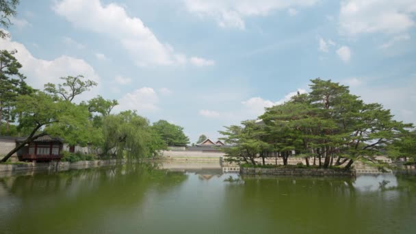 Groene Vijver Rond Gyeonghoeru Paviljoen Gyeongbokgung Palace Zomerdag — Stockvideo