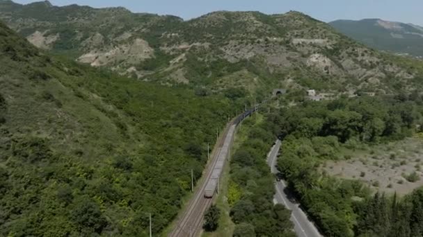 Movimiento Lento Del Tren Que Mueve Ferrocarril Hacia Túnel Montaña — Vídeos de Stock