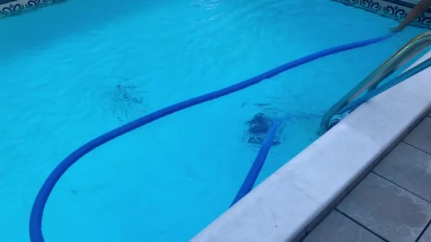 Pohled Shora Připojení Pružné Modré Sací Hadice Podmořskému Otvoru Bazénu — Stock video
