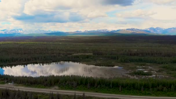 晴れた夏の日にアラスカのデナリ国立公園近くの山峰と花崗岩のクリークの4Kドローンビデオ — ストック動画