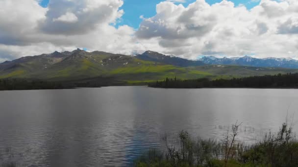 晴れた夏の日にアラスカ州ヒーリー近くのオットー湖周辺の山々の4Kドローンビデオ — ストック動画