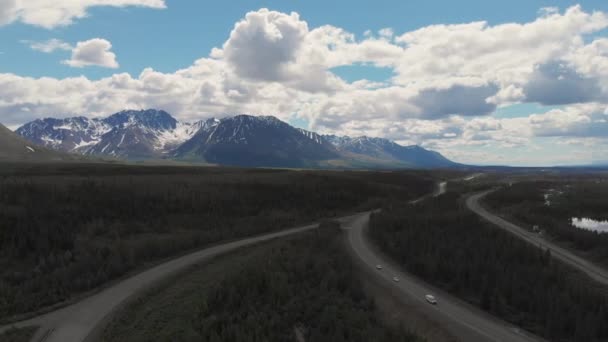 晴れた夏の日にアラスカのデナリ国立公園近くの山峰と花崗岩のクリークの4Kドローンビデオ — ストック動画