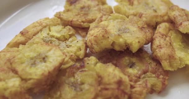 Close Group Fried Patacones Tostones Freshly Cooked Placed Plate — Stock Video