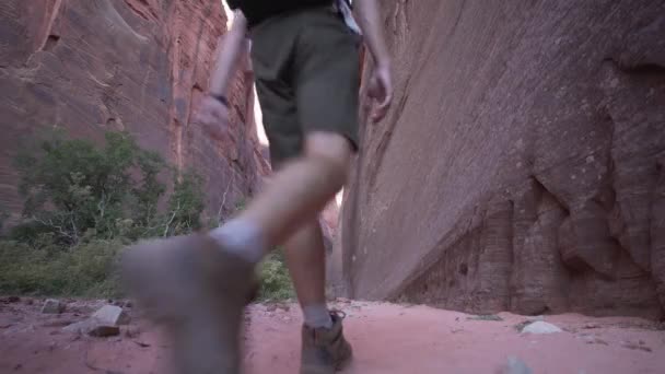 Zion National Park Twee Mensen Wandelen Door Kliffen Lage Camerahoek — Stockvideo