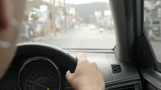 Pov Selective Focusing Hand Holding Car Steering Wheel While Driving — стокове відео