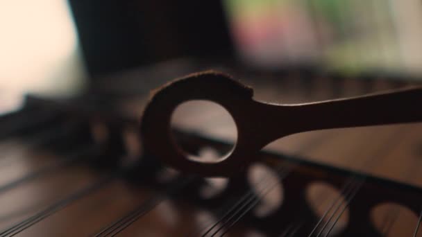 Extremo Primer Plano Del Instrumento Musical Tradicional Los Apalaches Dulcimer — Vídeos de Stock