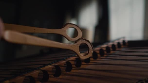 Martelado Dulcimer Corda Instrumento Musical Cinemática Câmera Lenta Perto — Vídeo de Stock