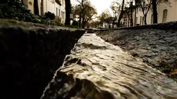 Regen Water Stroomt Langs Historische Gracht Stellenbosch Lage Hoek Schot — Stockvideo
