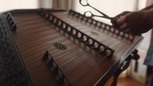 Instrumento Musical Madeira Tradicional Dulcimer Corda Martelada Close Branco Mão — Vídeo de Stock