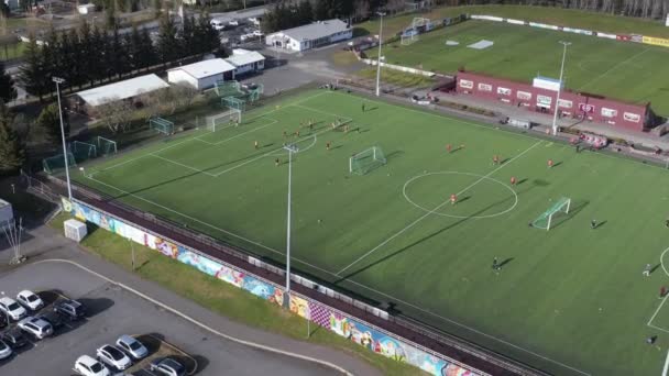 Otoparkı Olan Futbol Spor Kompleksi Çimenlik Alanda Antrenman Yapan Futbol — Stok video