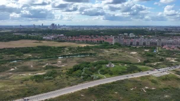 Suburbs Den Haag City Skyline Background Aerial Orbit View — Stock Video