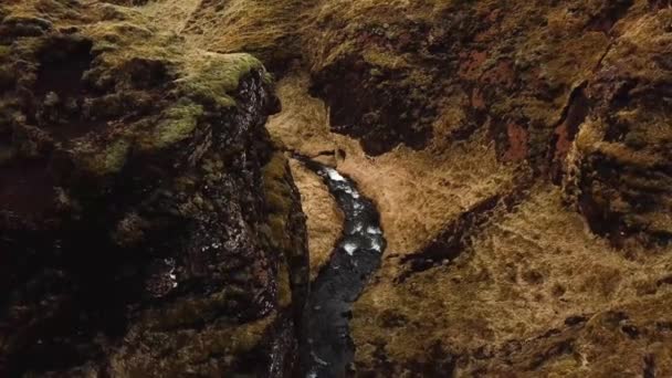Aerial View Stream Water Flowing Cliffy Gorge Iceland Winter Time — Stock Video