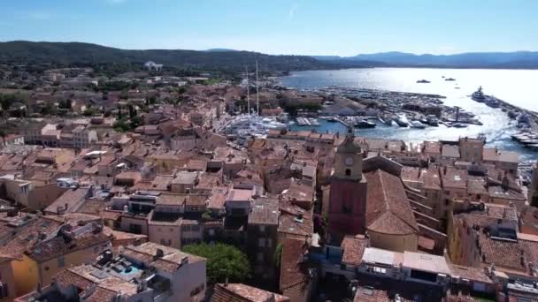 Saint Tropez Frankrijk Luchtfoto Panorama Van Stadsgezicht Haven Oude Gebouwen — Stockvideo