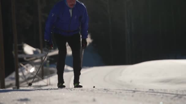 Slowmotion Skiers Skis Ski Track — Stock Video