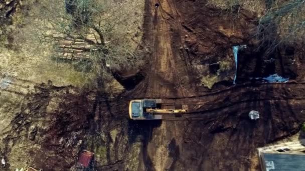 Vista Aérea Pájaro Teledirigido Cargador Jcb Preparando Lugar Para Futura — Vídeos de Stock