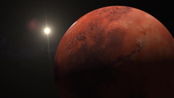 火星の赤い惑星の表面で閉じます 宇宙の惑星火星の眺め レンズフレアで日の出 火星と太陽の広いフィールドビデオ — ストック動画