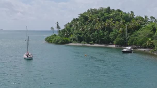 カリブ海の牧歌的な熱帯のビーチに停泊する帆船 — ストック動画