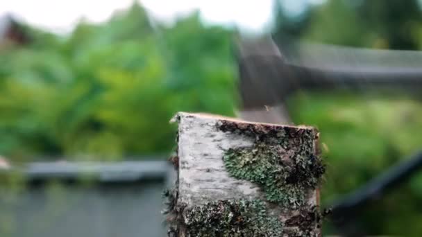 Gros Plan Latéral Coupe Hache Travers Une Lourde Bûche Bois — Video