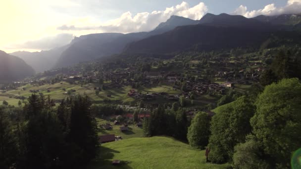 Aerial Drone Footage Pushing Alpine Meadows Revealing Views Grindelwald Sunset — Stock Video