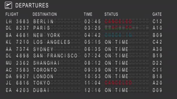 Departure Board International Flights Airport Changes Status Flight Canceled Scoreboard — Stock Video