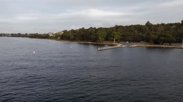 Ascending Flyover Wide River Boat Jetty Perth Australia — Wideo stockowe