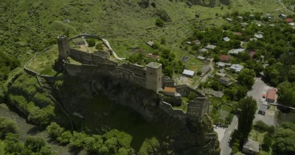Khertvisi Festung Dorf Und Paravani Fluss Sommer Aspindza Georgien Antenne — Stockvideo