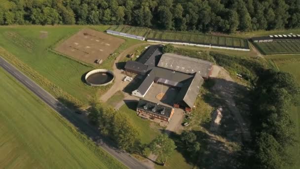 Střecha Domů Farmě Širokým Zeleným Polem Letecké Drone Shot — Stock video