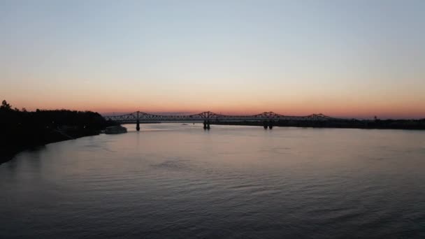 Wide Rising Aerial Shot Natchez Vidalia Bridge Mississippi River Sunset — Stock Video